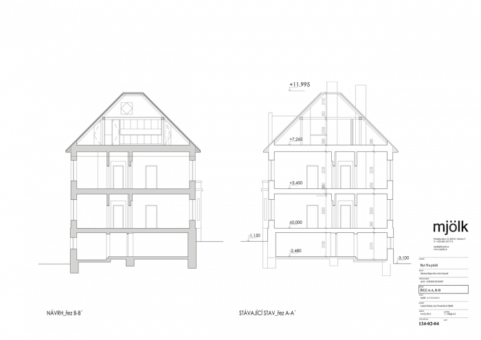 Mjölk architekti, Byt Na půdě, řezy příčné, návrh a stávající stav – foto