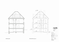 Mjölk architekti, Byt Na půdě, řezy příčné, návrh a stávající stav – foto