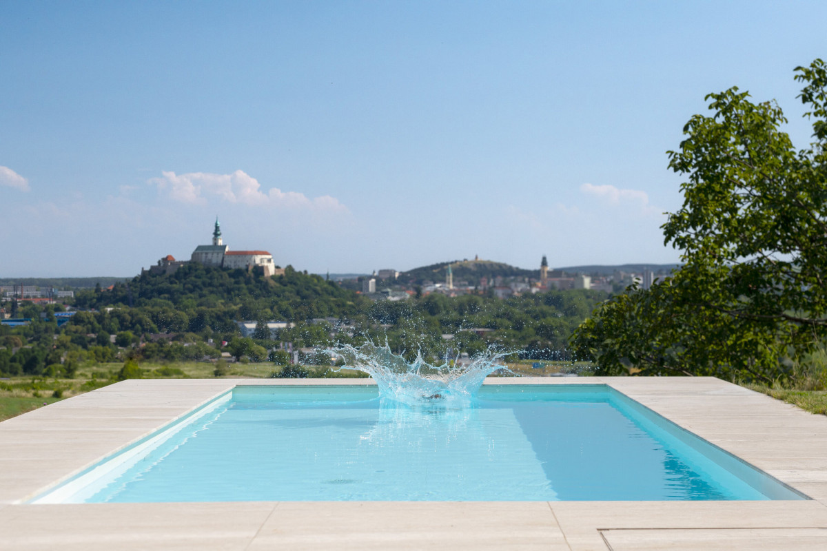 Pohled na bazén v zahradě (Villa VICUS v Nitře; sebastian nagy architects)