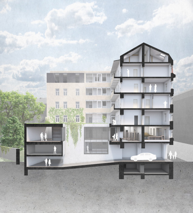 Dostavba a úpravy budovy ČKAIT, řezoperspektiva vjezd,FAM ARCHITEKTI