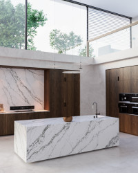 Společnost Technistone představuje nové dekory tvrzeného kamene inspirované luxusním mramorem: na obrázku dekor Verde Peak