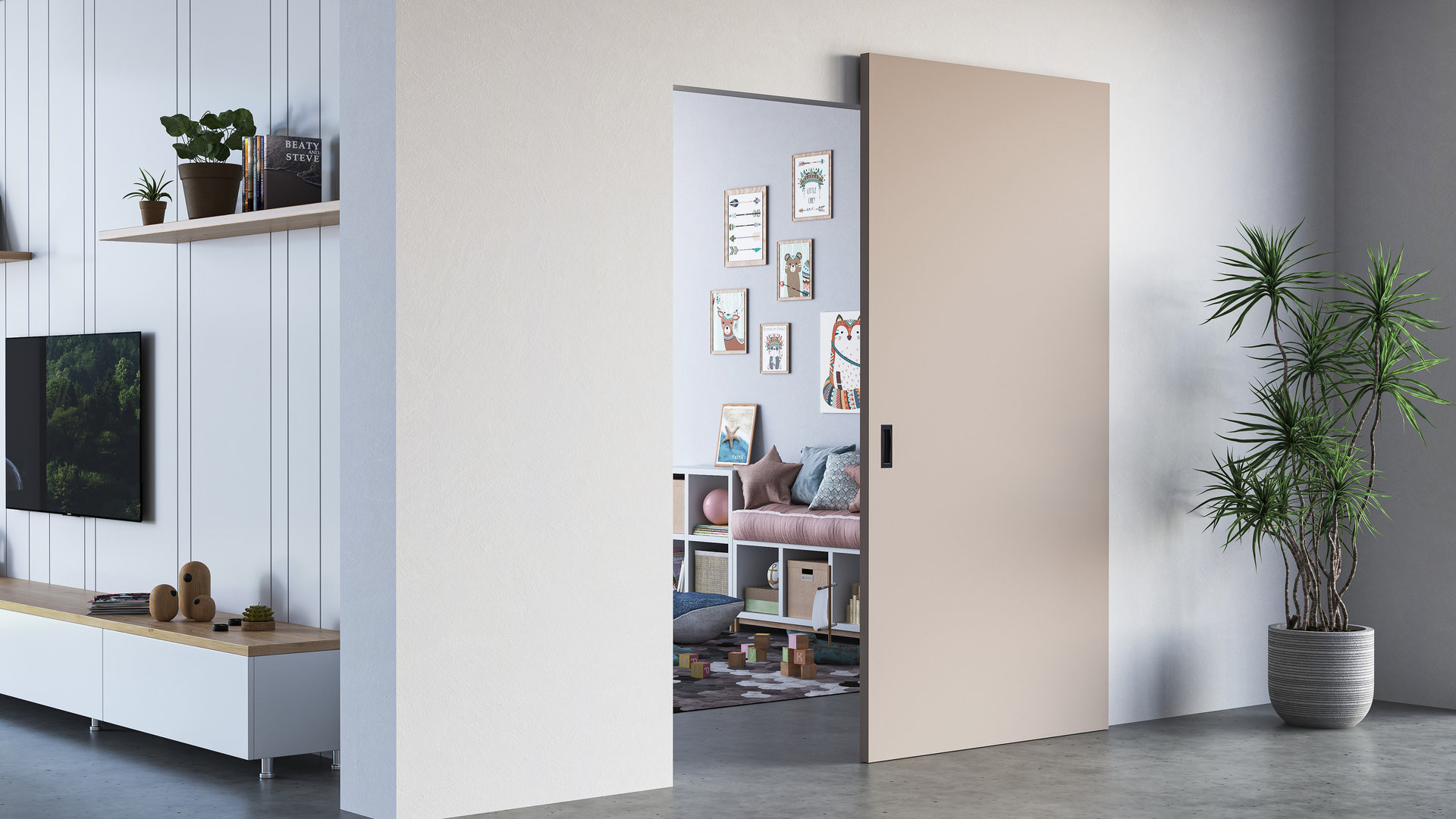 Dveře KLASIK plné s posuvným systémem HIDDEN, dekor RAL 9001 – krémová