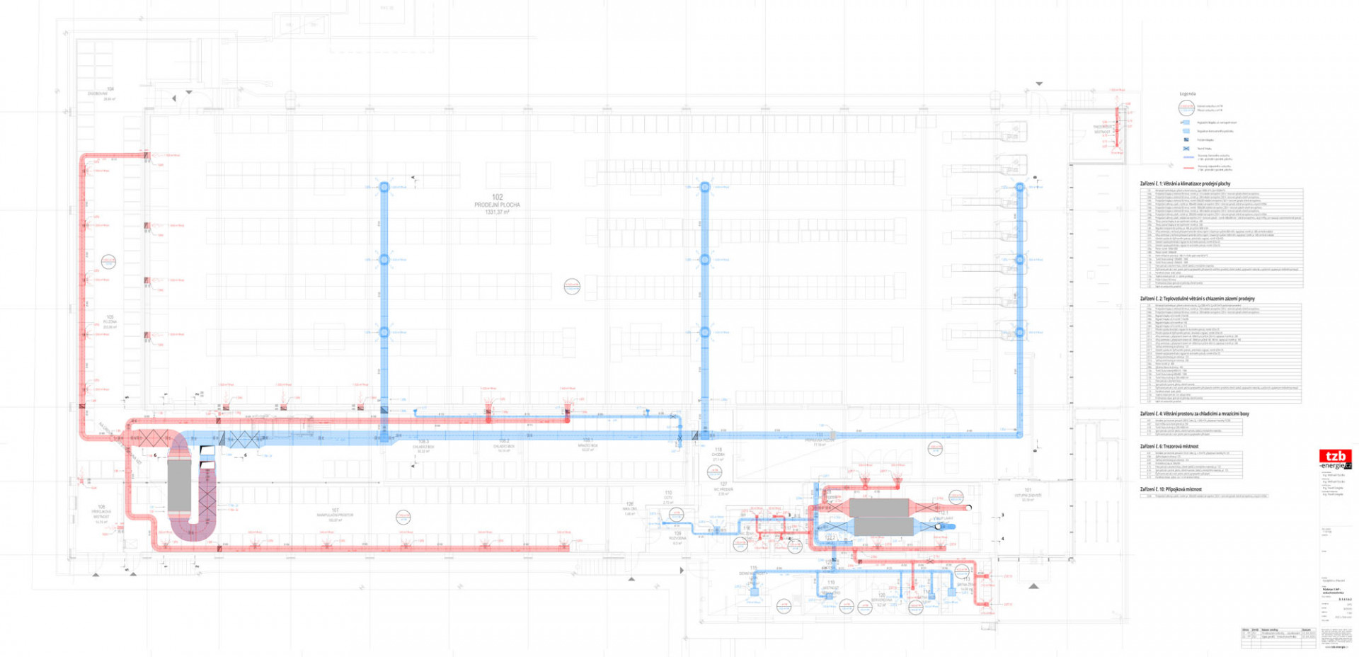 Půdorys vzduchotechniky prodejny vymodelovaný v TZB modeláři a ArchiCADu.