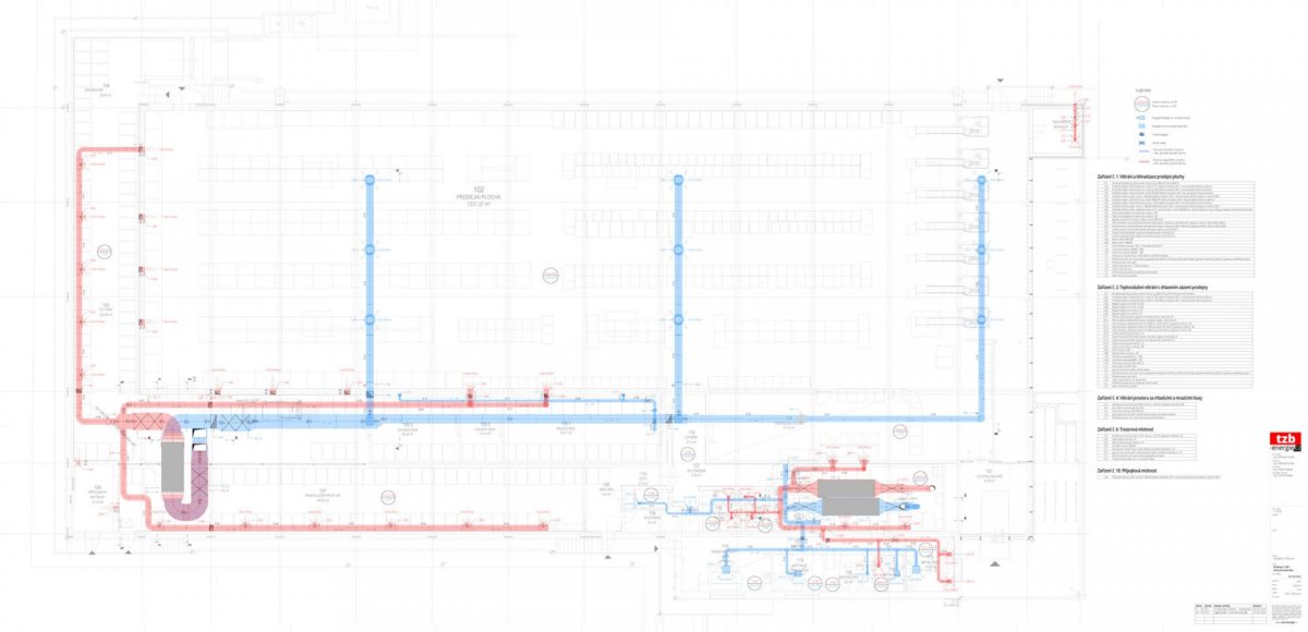Půdorys vzduchotechniky prodejny vymodelovaný v TZB modeláři a ArchiCADu.