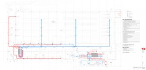Půdorys vzduchotechniky prodejny vymodelovaný v TZB modeláři a ArchiCADu.
