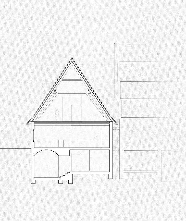 Budova restaurace Das Waldhorn v německém Kirchheim unter Teck, KO/OK Architektur a Studio Berardi, řez