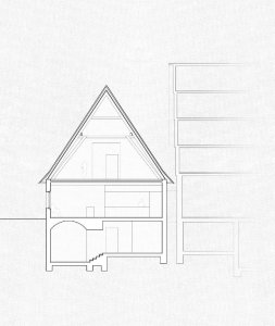 Budova restaurace Das Waldhorn v německém Kirchheim unter Teck, KO/OK Architektur a Studio Berardi, řez