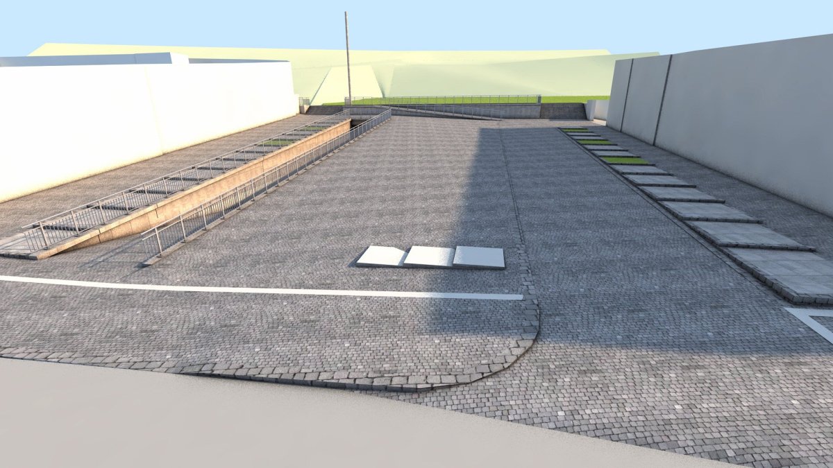 Vizualizace z jihu (Přiložené vizualizace jsou vytvořeny pouze přiřazením textur konstrukčnímu 3D modelu, který byl použit pro vytyčování stavby, a jednoduchým renderováním. Nejedná se o architektonické vizualizace.)