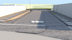 Vizualizace z jihu (Přiložené vizualizace jsou vytvořeny pouze přiřazením textur konstrukčnímu 3D modelu, který byl použit pro vytyčování stavby, a jednoduchým renderováním. Nejedná se o architektonické vizualizace.)