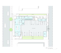 Půdorys 1.NP: Přízemí zahrnuje kancelářské prostory, nadzemní parkování a úschovnu kol pro obyvatele bez auta. (Rose Apartments v Los Angeles, Brooks & Scarpa)
