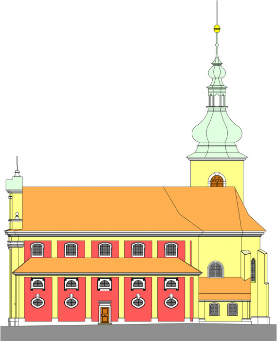 Rekonstrukce kostela sv. Anny ve Verneřicích - návrh barevnosti fasády - pohled jižní