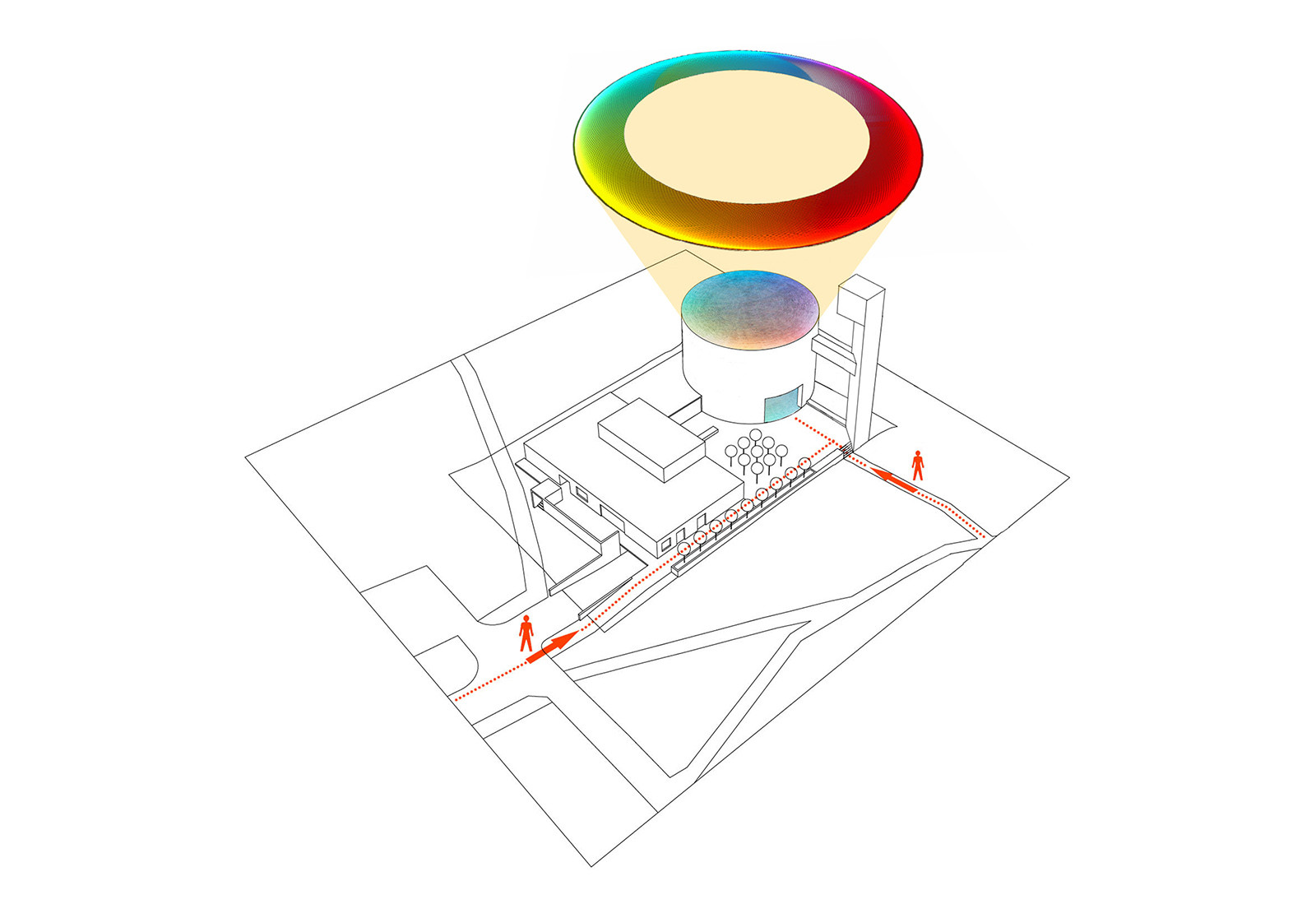 Pro stavbu je důležitá symbolika duhy, ta odkazuje na smlouvu Božíhu lidu s Hospodinem po potopě světa. Je znázorněna na 80 metrů dlouhém okně, obepínajícím kostel. Schéma: Atelier Štěpán