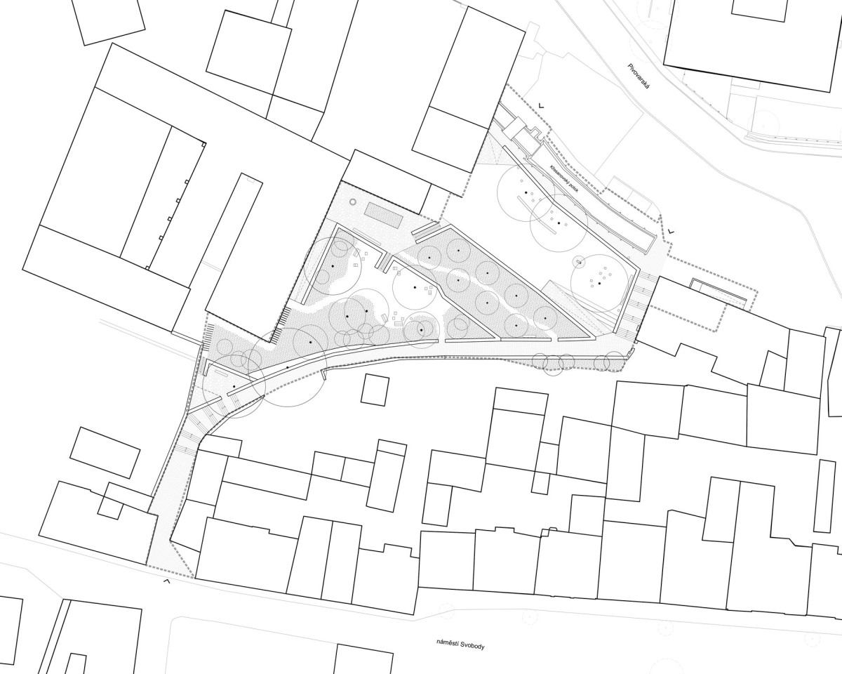 Architektonický situační výkres (Pivovarské terasy; Steiner a Malíková krajinářští architekti, Roman Brychta Architekti)