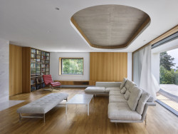 Kombinace teplého dřeva a chladného betonu (Vila zasazená do krajiny vinohradu; Atelier RAW)