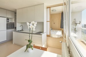 Byt Troja, kuchyň a posuvné dveře do ložnice, 0,5 Studio