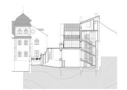 Řez příčný (Bytový dům na Malé Straně; architektonický ateliér Ladislava Lábuse)