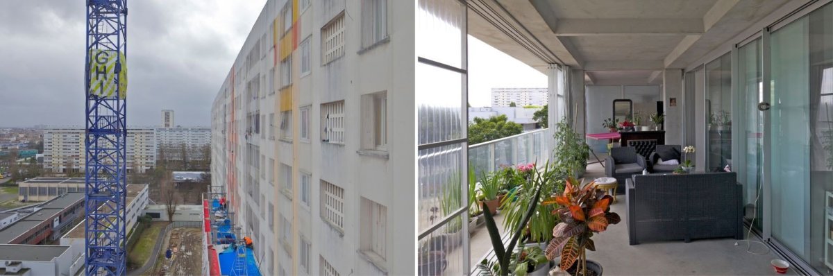 Proměna před a po rekonstrukci panelových domů Grand Parc Bordeaux, foto před a po rekonstrukci, Lacaton & Vassal architectes, Frédéric Druot Architecture, Christophe Hutin Architecture