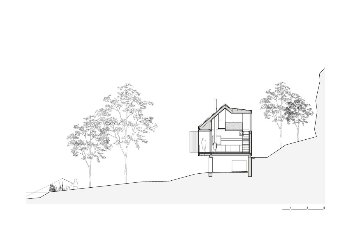 Řez (Chata u Sázavy mezi skálou a řekou; Mimosa Architekti)