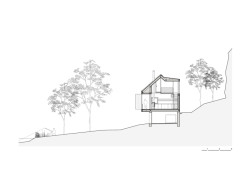 Řez (Chata u Sázavy mezi skálou a řekou; Mimosa Architekti)