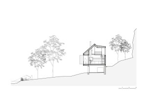 Řez (Chata u Sázavy mezi skálou a řekou; Mimosa Architekti)