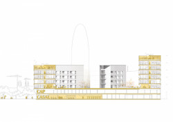Esteve Bonell, Josep Maria Gil, peris+toral.arquitectes, kolektivní bydlení pro seniory a zdravotní středisko v Barceloně, podélný řez s naznačenými funkcemi, výkres
