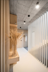 Tvarosloví lamel bylo použito také pro kovové zábradlí schodiště. (Interiér rodinného domu v Popůvkách, Atel!er)