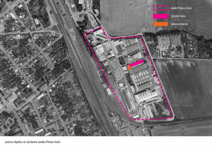 Výrobní a administrativní objekt firmy Pilana Karbid v Hulíně, Ellement architects, pozice objektu ve výrobním areálu