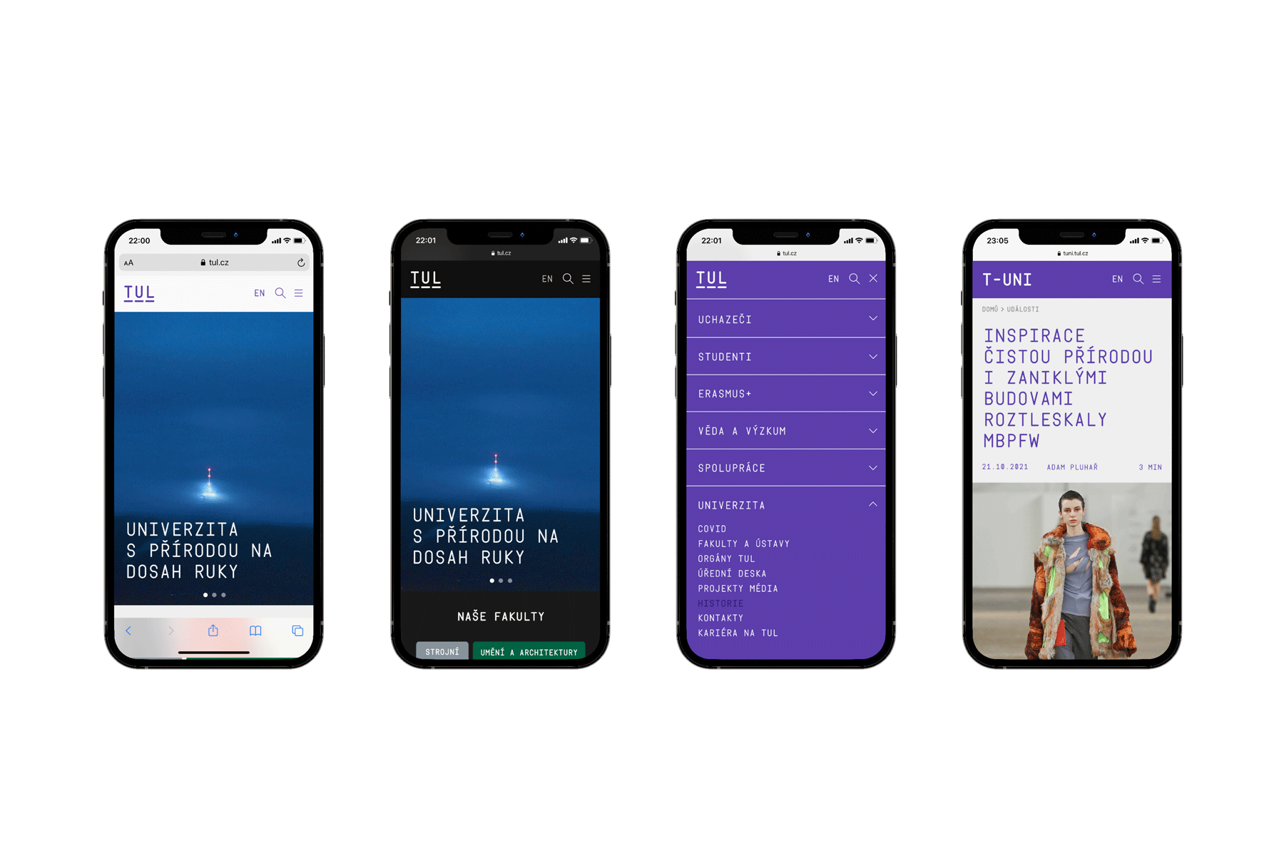 Návrh mobilní verze webu TUL s možností nočního režimu a univerzitního magazínu T-UNI. Zdroj: Czechdesign