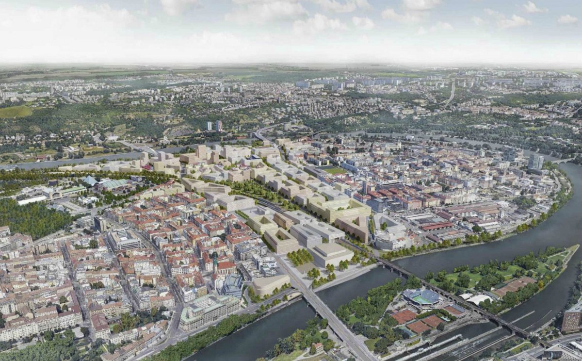 Bubny - Zátory, nadhledová perspektiva z jihu, Müller Reimann Architekten / Pelčák a partner architekti