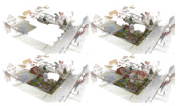 Rozdělení mračen bodů v projektu na logické části. 01. Dům, 02. Výměnek, 03. Zahrada a 04. Okolí.