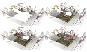 Rozdělení mračen bodů v projektu na logické části. 01. Dům, 02. Výměnek, 03. Zahrada a 04. Okolí.