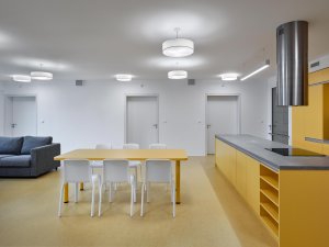 Centrem každé je společný obytný prostor s kuchyňským a jídelním koutem. (Dům sociální péče Tereza; Stempel Tesař architekti)