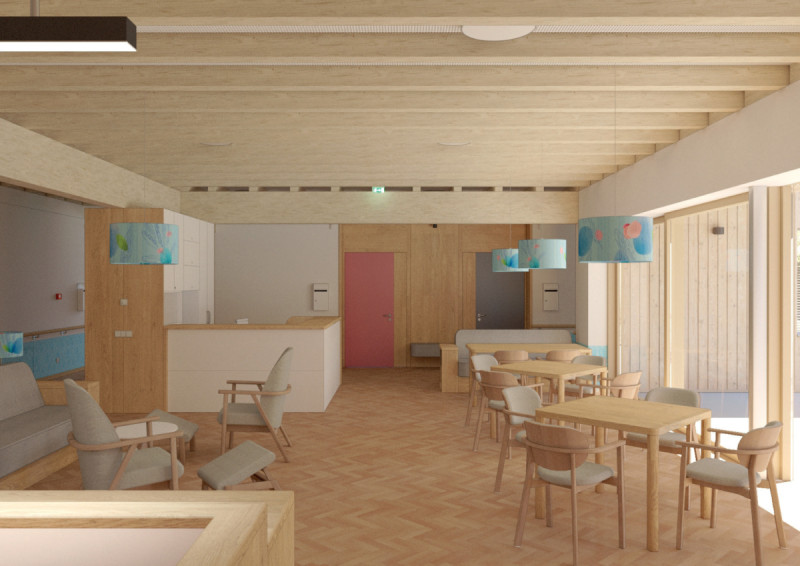 Klienti mají k dispozici místnost pro setkávání. Součástí projektu je i kaple. (Dům pro seniory Vendolí; Radima Oblouk)