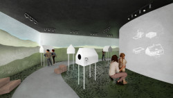 Vítězný návrh Studia COSMO a spol. - vizualizace cesty vesnicí prezentující tradice, řemesla a příběhy rodáků