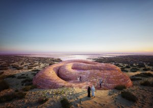 Vítězný návrh studia Petr Janda / brainwork na návštěvnické centrum rezervace plameňáků v Abu Dhabi. Vizualizace: Mykhaylo Slyusar, sdar.cz