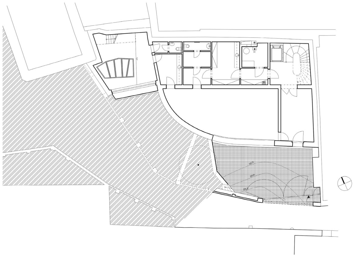 Půdorys suterénu (Bytový dům na Malé Straně; architektonický ateliér Ladislava Lábuse)