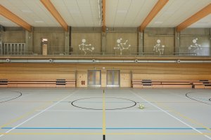 V tělocvičně dominují dřevěné prvky, pohledový beton a šedá podlaha s barevnými čárami pro různé sporty. (ZŠ bratří Fričů v Ondřejově; ATELIER 6)