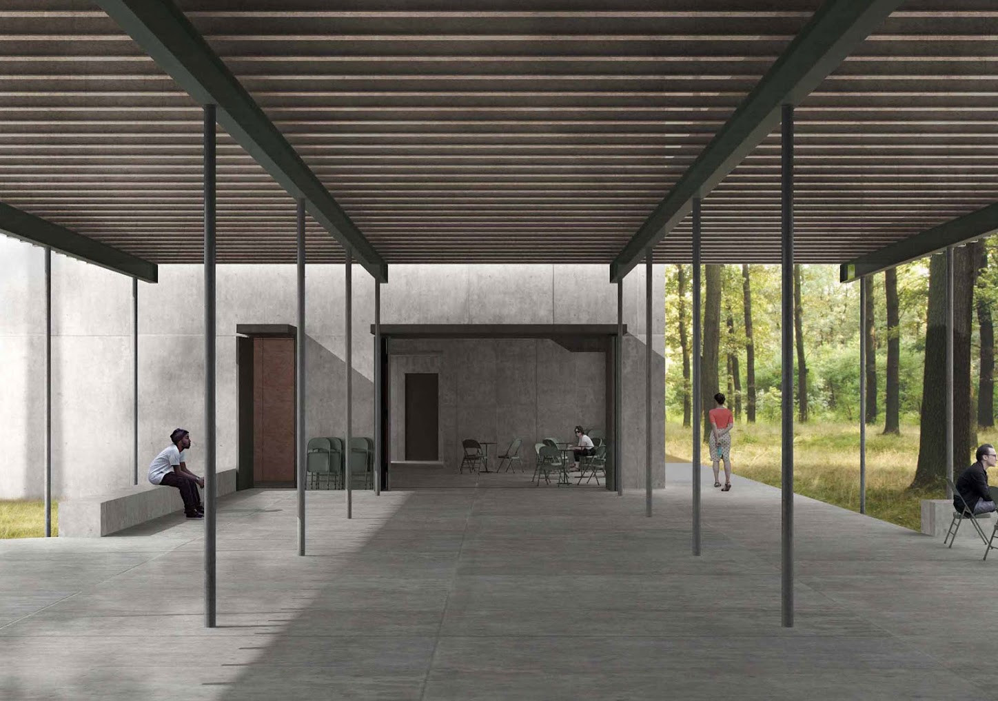 Vítězný návrh Památníku holokaustu Romů a Sintů v Letech od studia Terra Florida a Atelieru Světlík. Portikus a vstup do návštěvnického centra