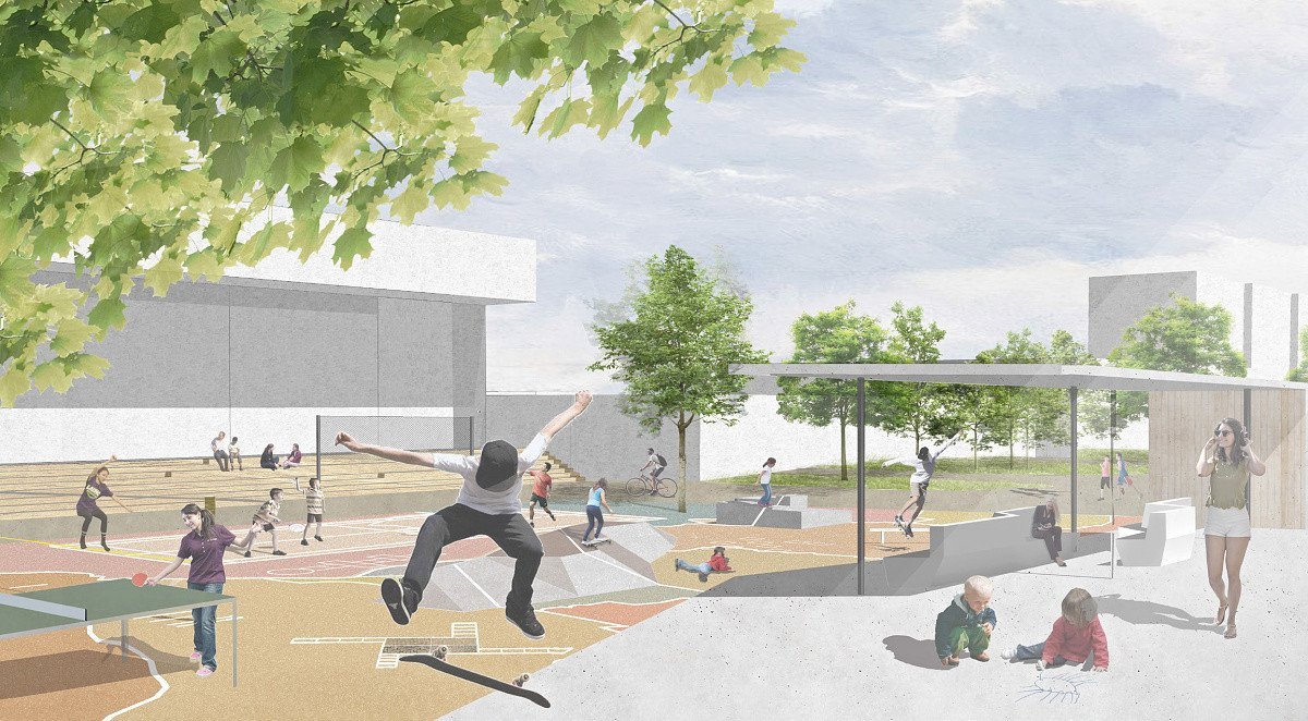 Obnova parku Střed v Mostě, vítězný návrh od architektů Tilla Rehwaldta a Patrika Hoffmana.
