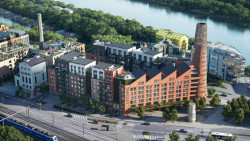 Následující etapy (vizualizace); Hlavním prvkem etapy Jih bude komín s opláštěním ze systému Flexbrick, v němž bude umístěno 11 luxusních apartmánů určených pro krátkodobé ubytování. (Transformace Lihovaru Smíchov; Black n´ Arch)