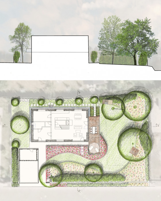 Rodinný dům ve Vraném nad Vltavou, půdorys, řezopohledy, zdroj : Kontinual