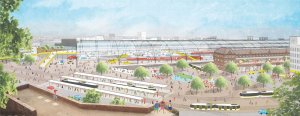 Budoucnost centra Brna, 3. místo: Atelier M1 architekti (CZ), pohled na hlavní budovu nového nádraží na lokalitě pod Petrovem // finalista – foto