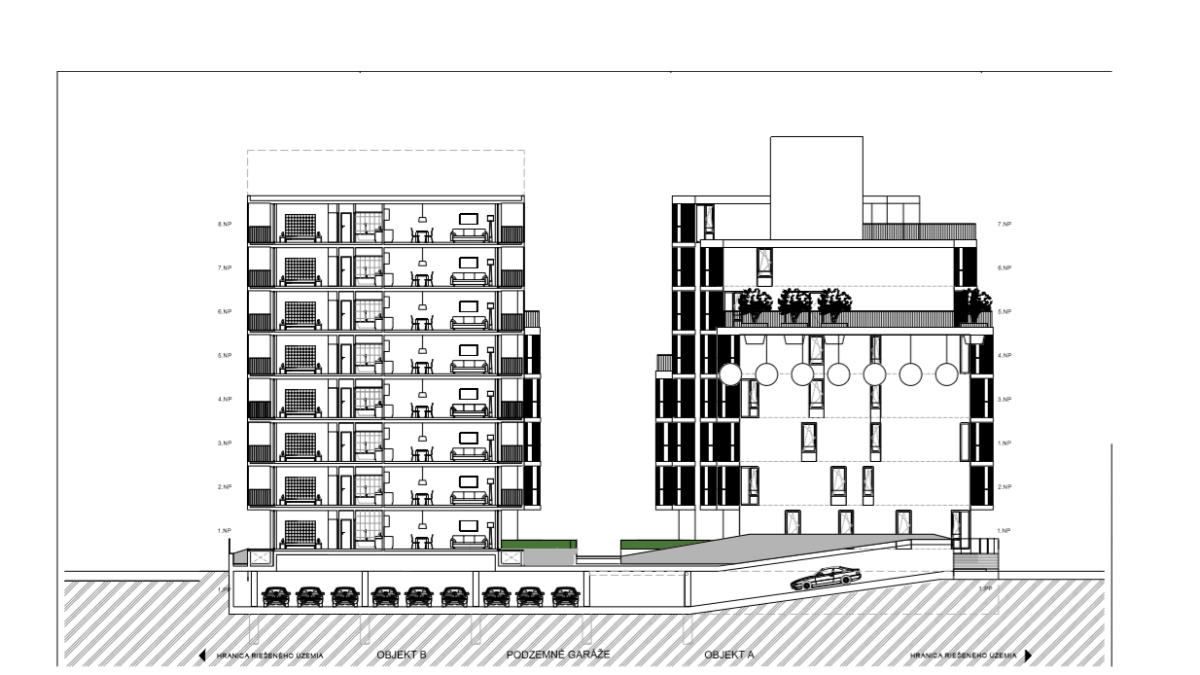 Bytový dům N!DO, řez, Grido architekti