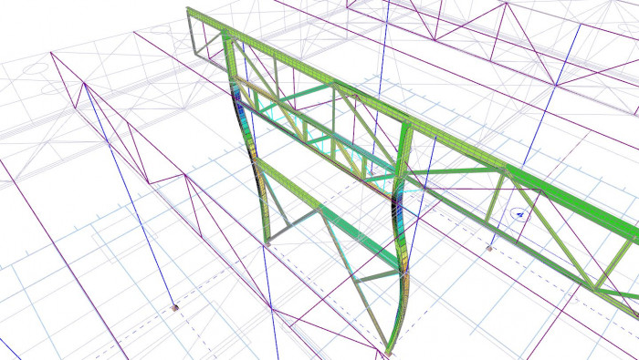 Napjatost kombinovaného rámovo-příhradového příčného ztužidla při zatížení větrem (deformovaný tvar)