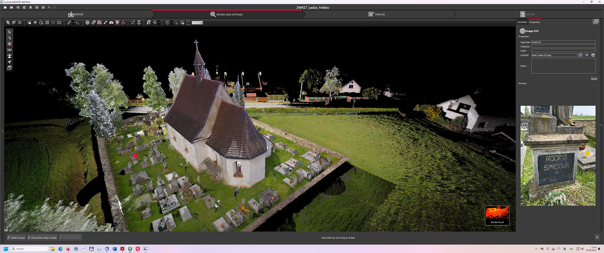 Screenshot obrazovky programu Leica Cyclone Register 360+projektu zaměření hřbitova s gotickým kostelem sv. Maří Magdalény v Ledcích u Třebechovic pod Orebem. 