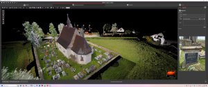Screenshot obrazovky programu Leica Cyclone Register 360+projektu zaměření hřbitova s gotickým kostelem sv. Maří Magdalény v Ledcích u Třebechovic pod Orebem. 