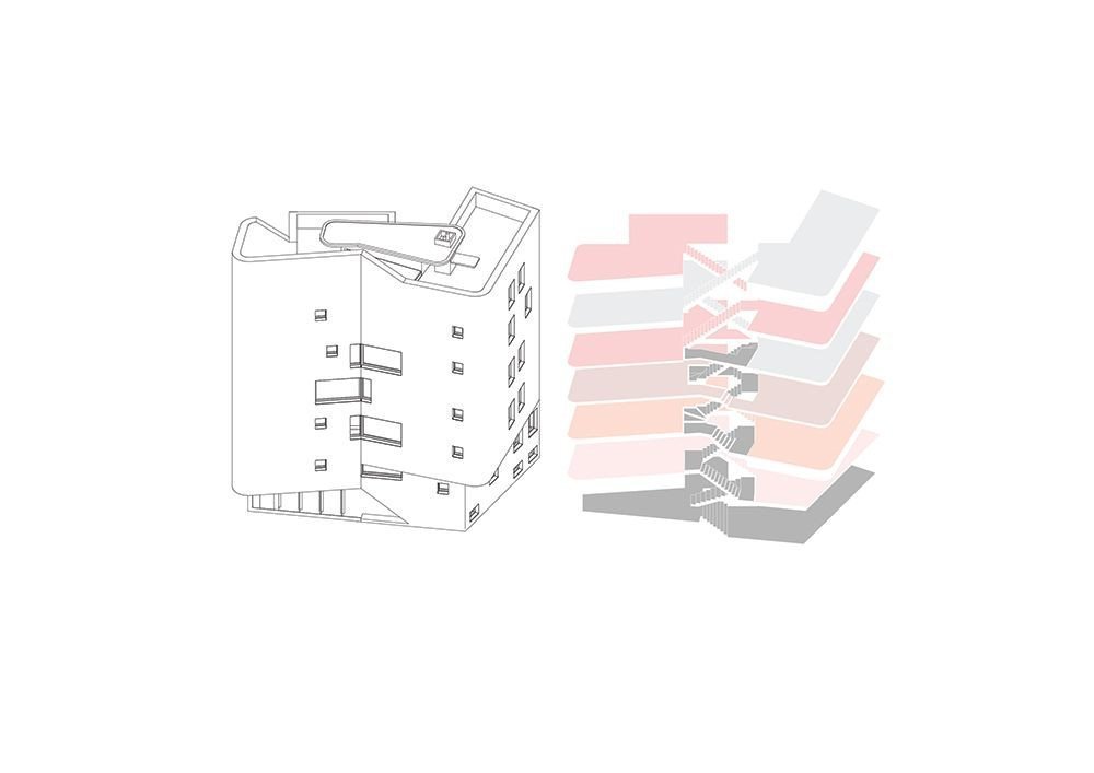 MSA / V+, sociální byty NAVEZ v Bruselu, diagram rozvržení pater, jedna barva pro jeden byt, vizualizace