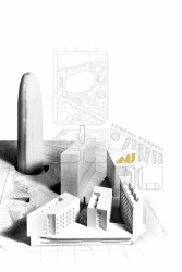 Esteve Bonell, Josep Maria Gil, peris+toral.arquitectes, kolektivní bydlení pro seniory a zdravotní středisko v Barceloně, axonometrie