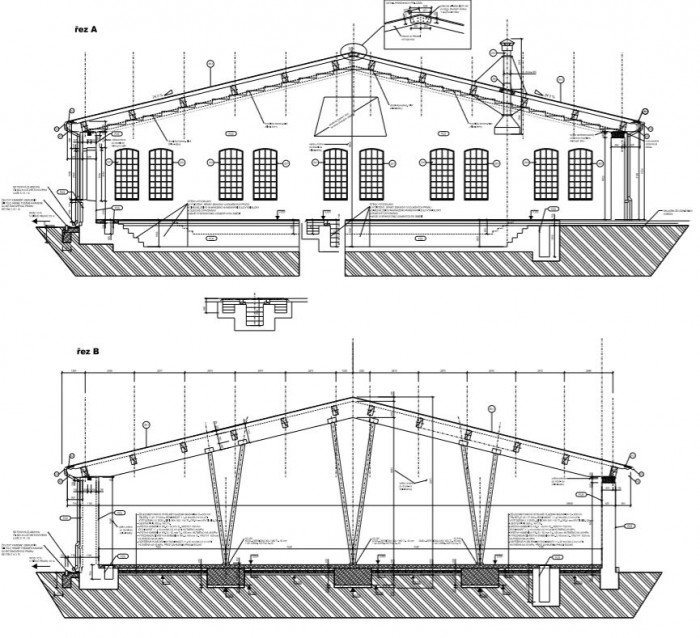 Rekonstrukce lokomotivní výtopny Kořenov, řezy, ALEJ