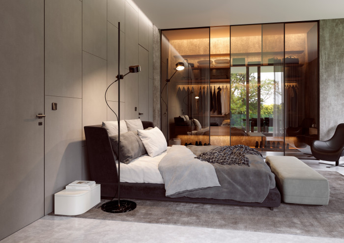 Dveře IDEA v posuvu do stropu PREMIUM, RAL 9004, sklo stopsol classic clear, madlo Ell